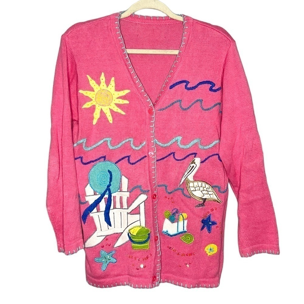 Vintage Quacker Factory Coastal Grandma Beach Pelican Vacation Cardigan Medium